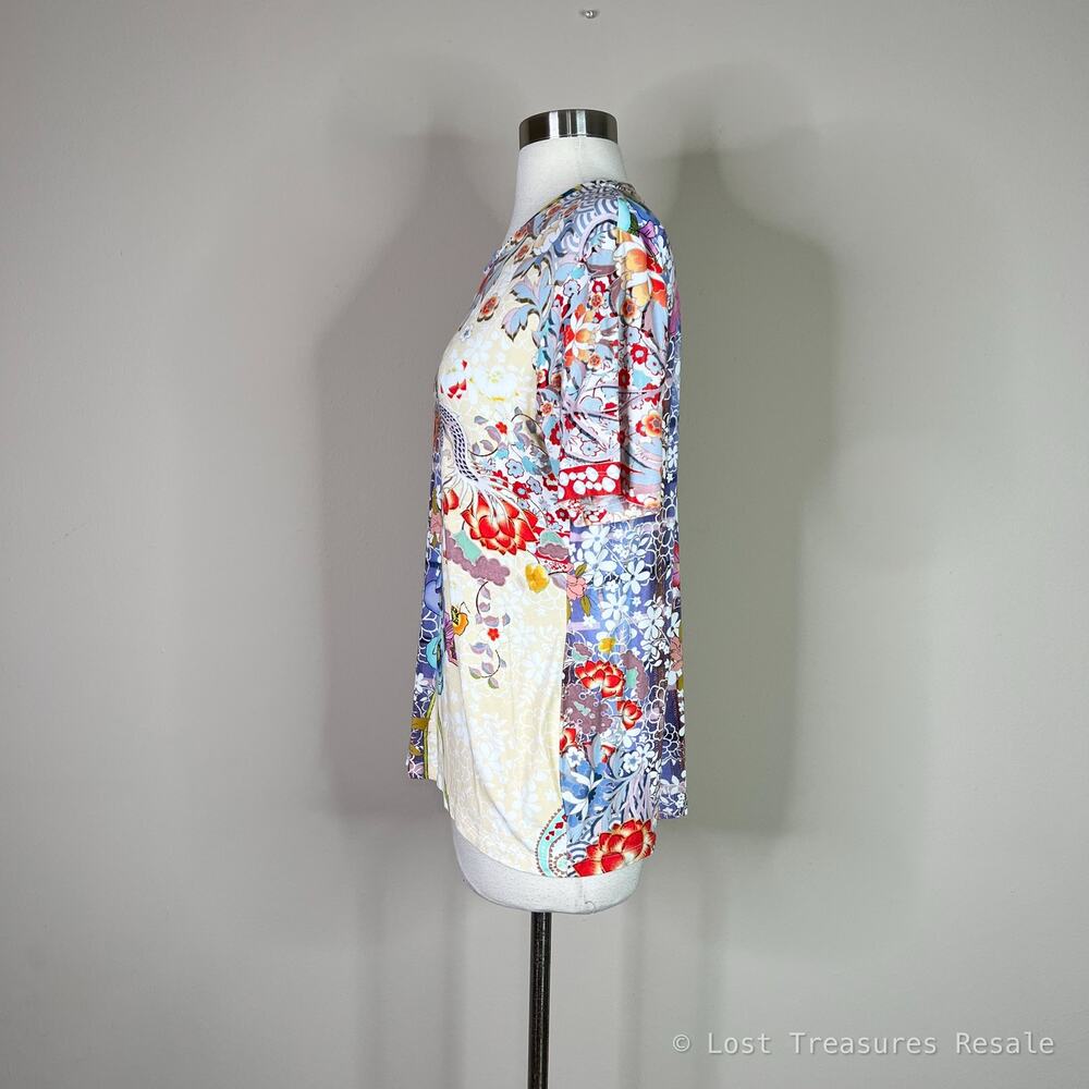 Johnny Was | Dragon Floral Mixed Print Short Sleeve Jersey Tee Multicolor Top XS - Picture 7 of 9
